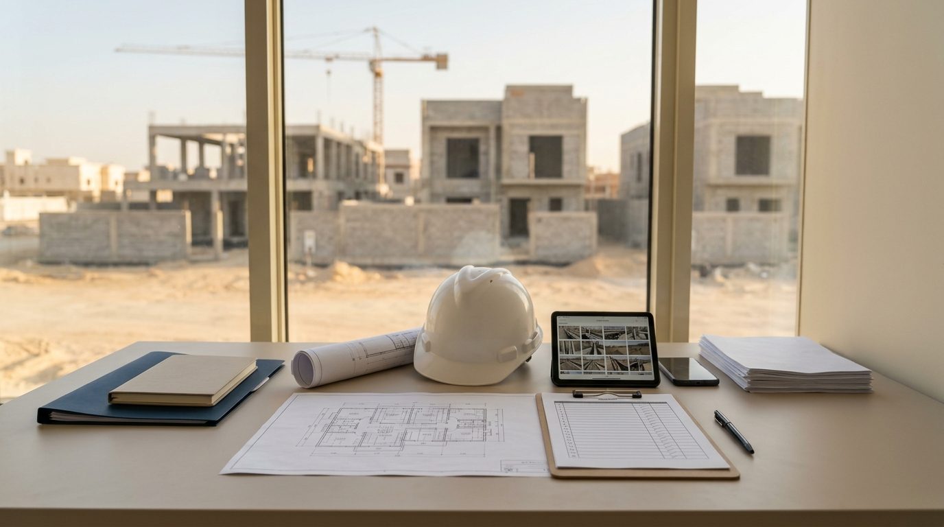 مكتب مهندس موقع عليه مخطط وقائمة فحص وتقرير مصوّر