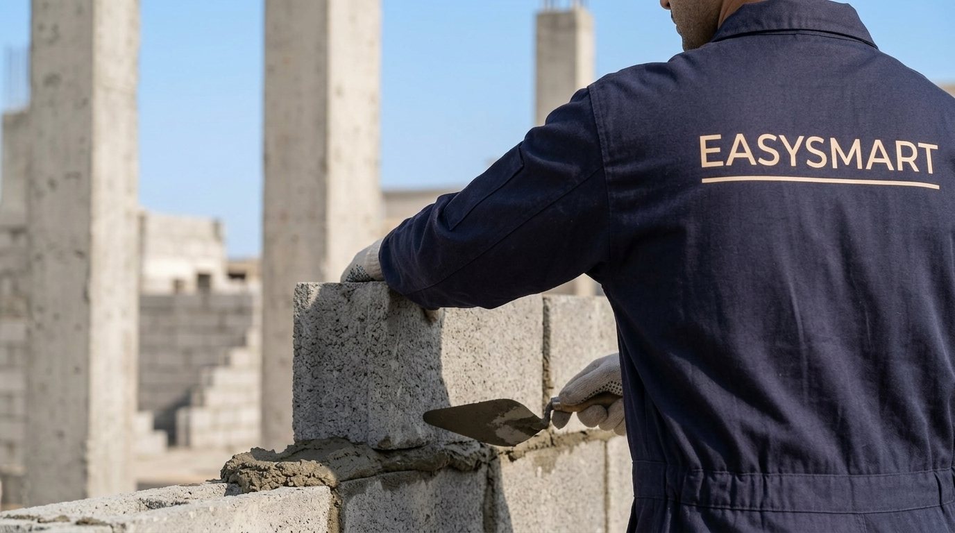 A technician in uniform seen from behind laying blocks with mortar