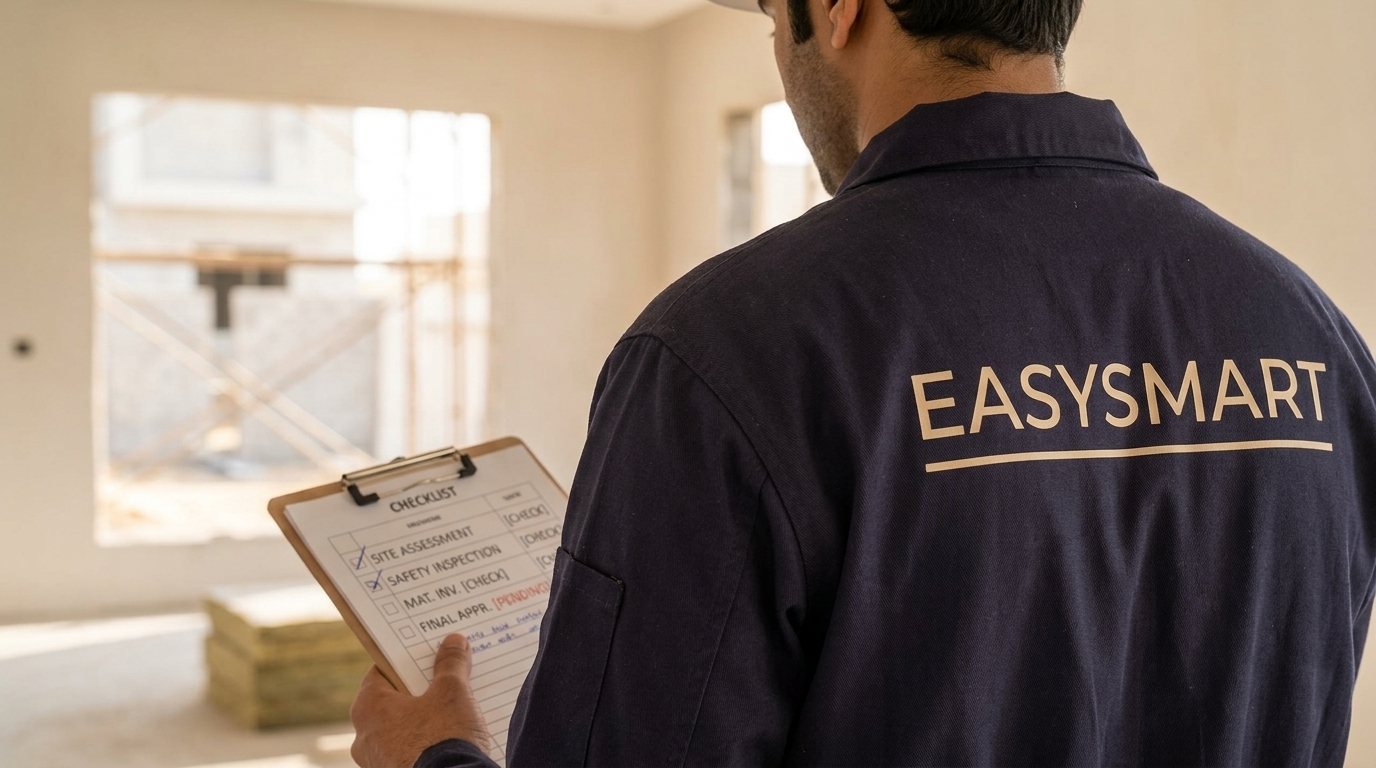 A technician in uniform seen from behind holding a checklist