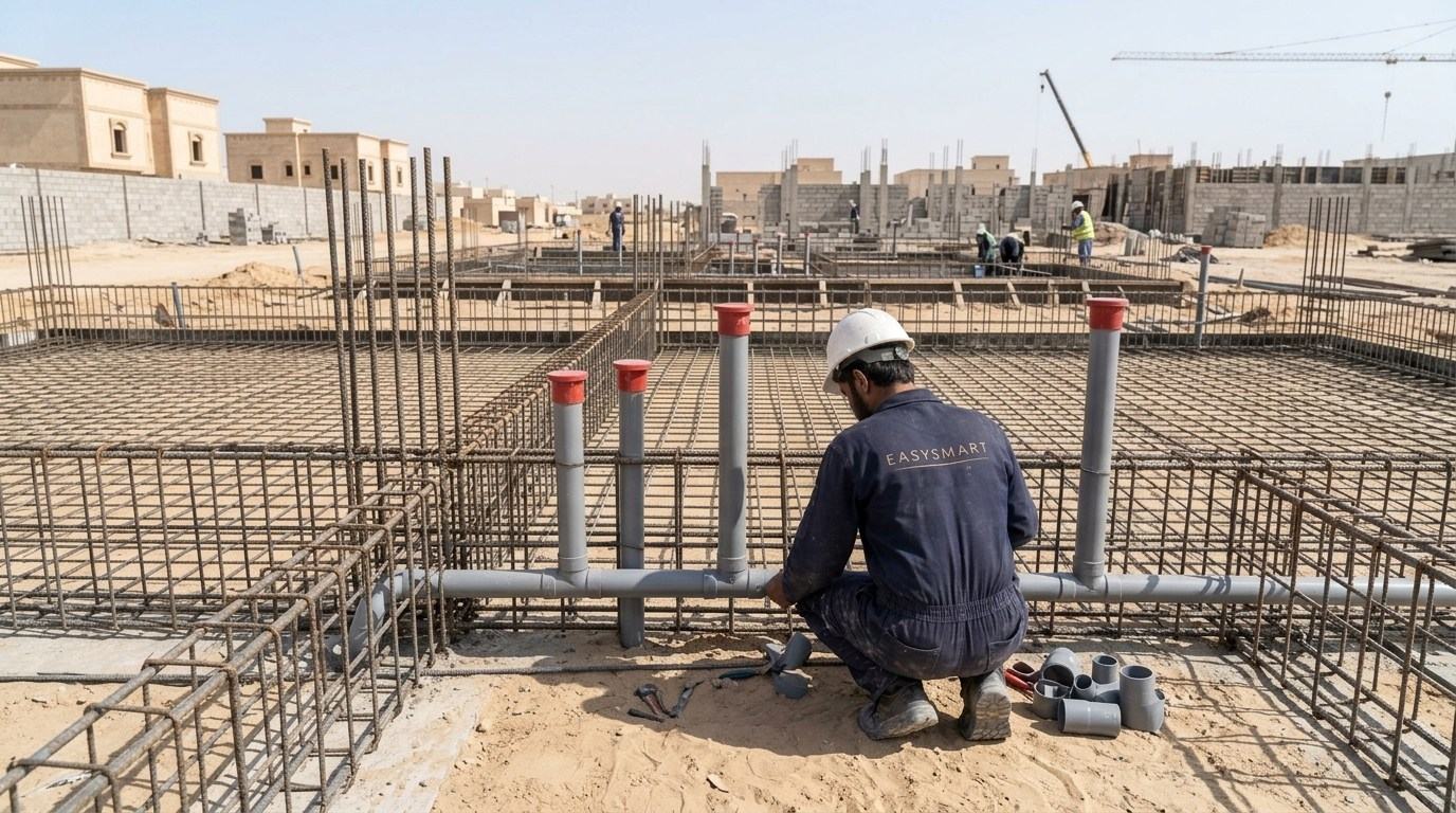 فني بالزي يركّب مواسير بأغطية حمراء داخل شبك حديد التسليح