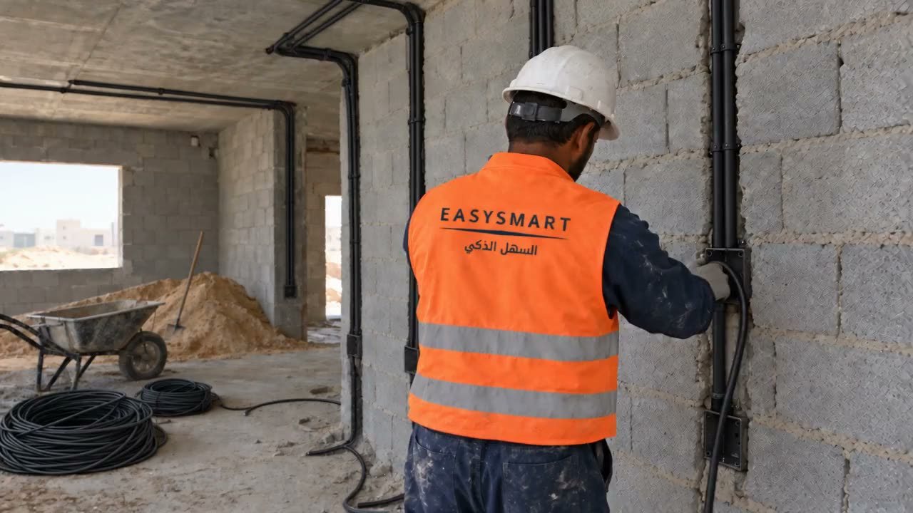 فني بسترة من الخلف يمدّ كيابل في جدار بلك