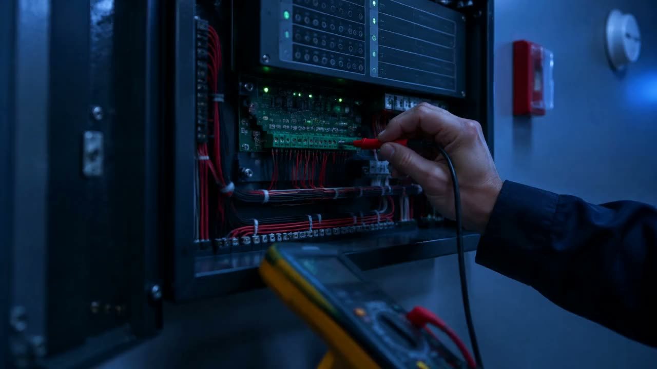 يد تقيس بجهاز قياس داخل لوحة إنذار حريق