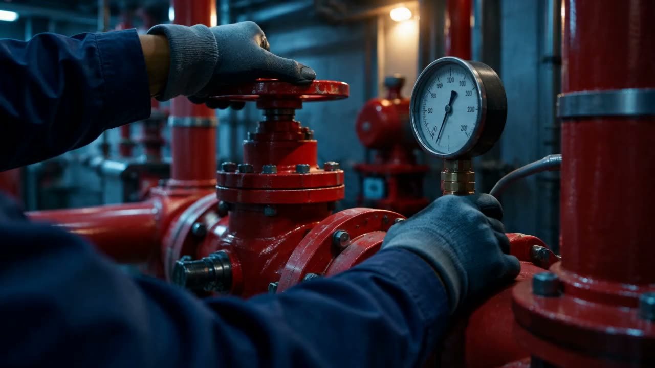 Gloved hands on a valve and a pressure gauge in a pump room