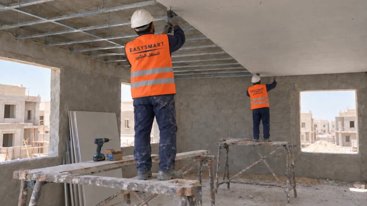 فنيان بالسترات من الخلف يركّبان هيكل سقف جبس