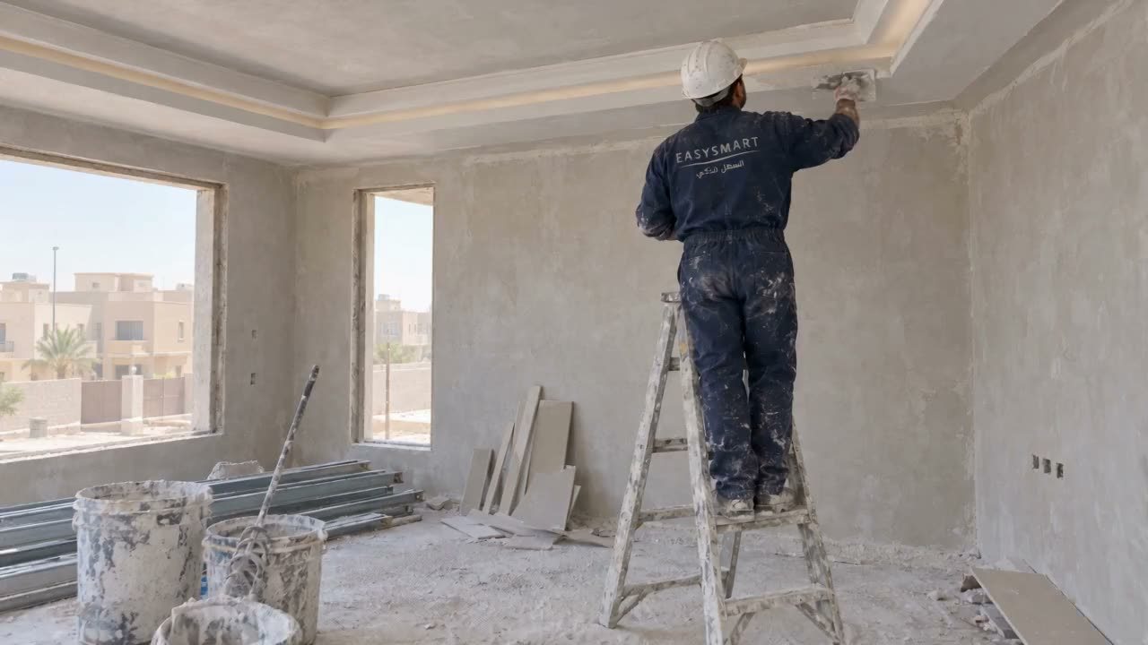 فني بخوذة على سلم يليّس إطار السقف في صالة قبل التشطيب