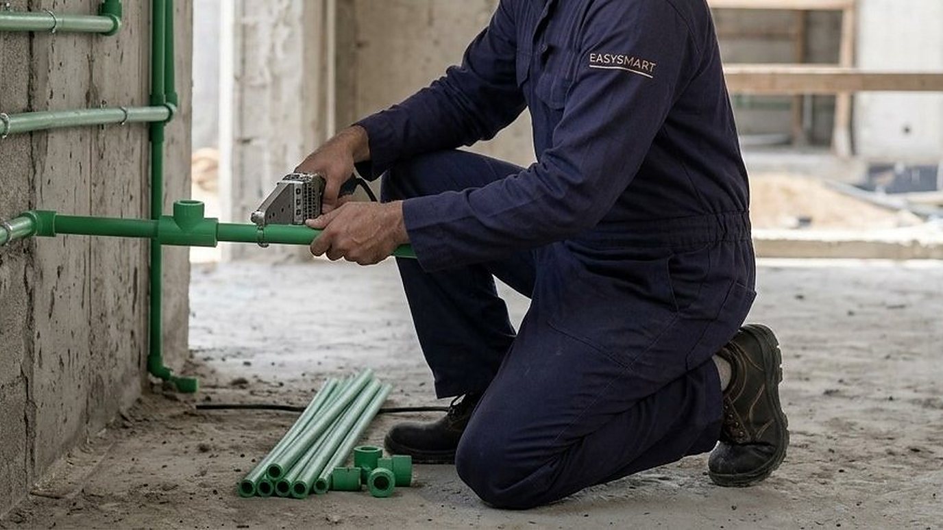 A technician in uniform kneeling and welding a green water fitting on a block wall with laid pipes