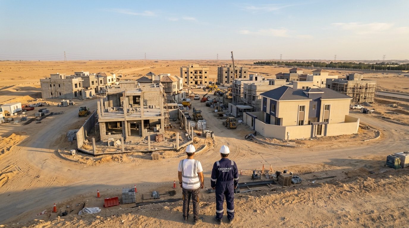 مهندسان من فريق العمل بالخوذ يشرفان على موقع فلل قيد الإنشاء