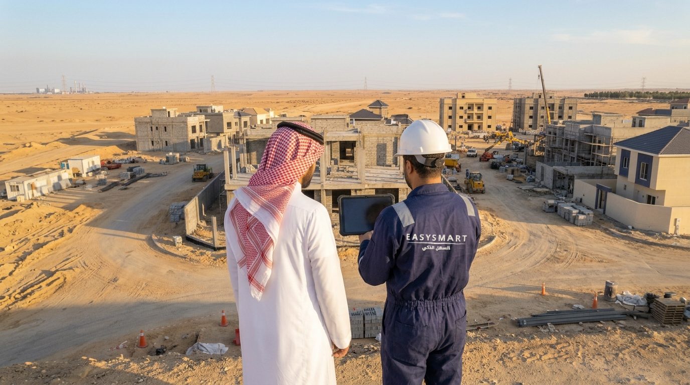 مالك بالزي السعودي وفني من السهل الذكي يراجعان تقدّم الأعمال على جهاز لوحي في موقع فلل