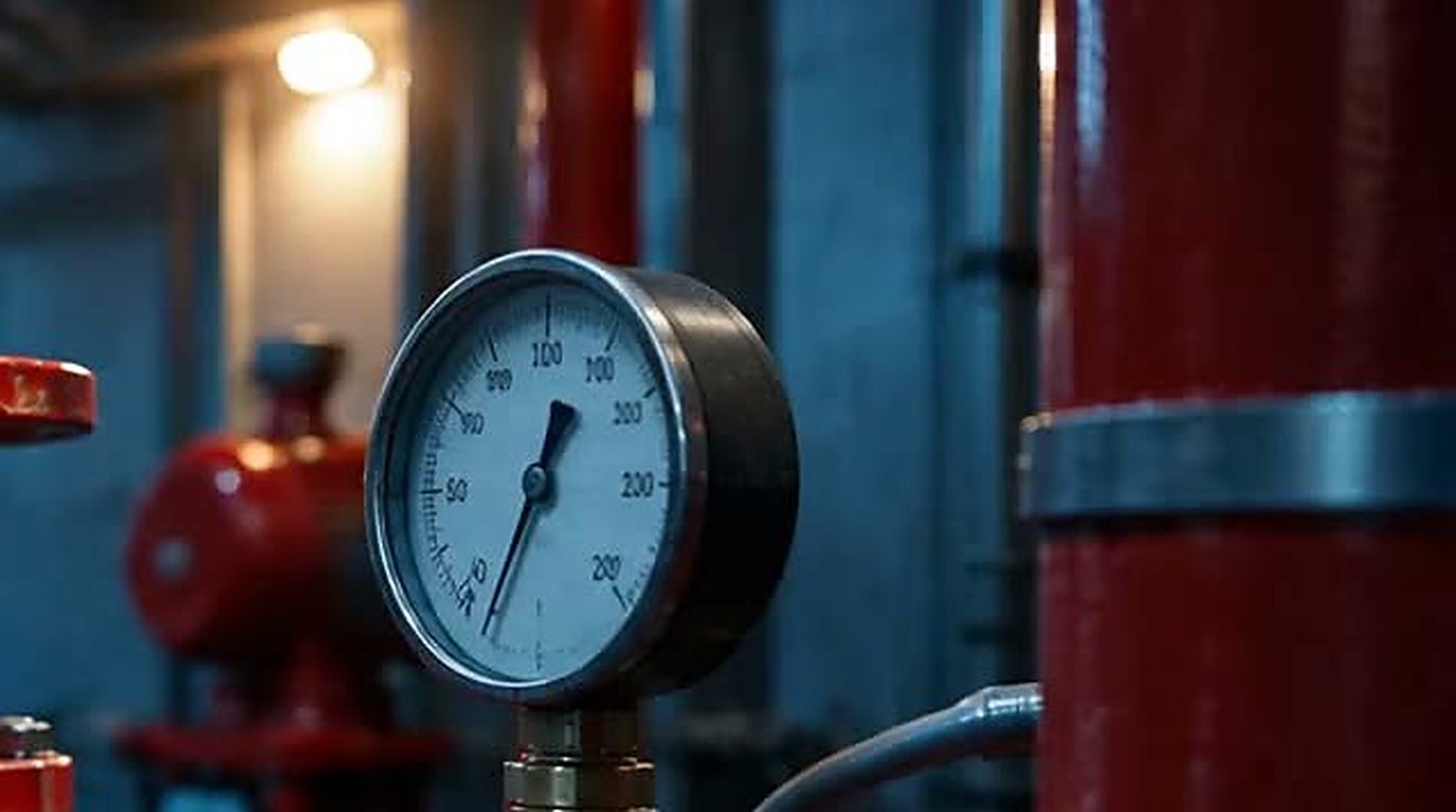 A pressure gauge on a red pipe line in a fire pump room